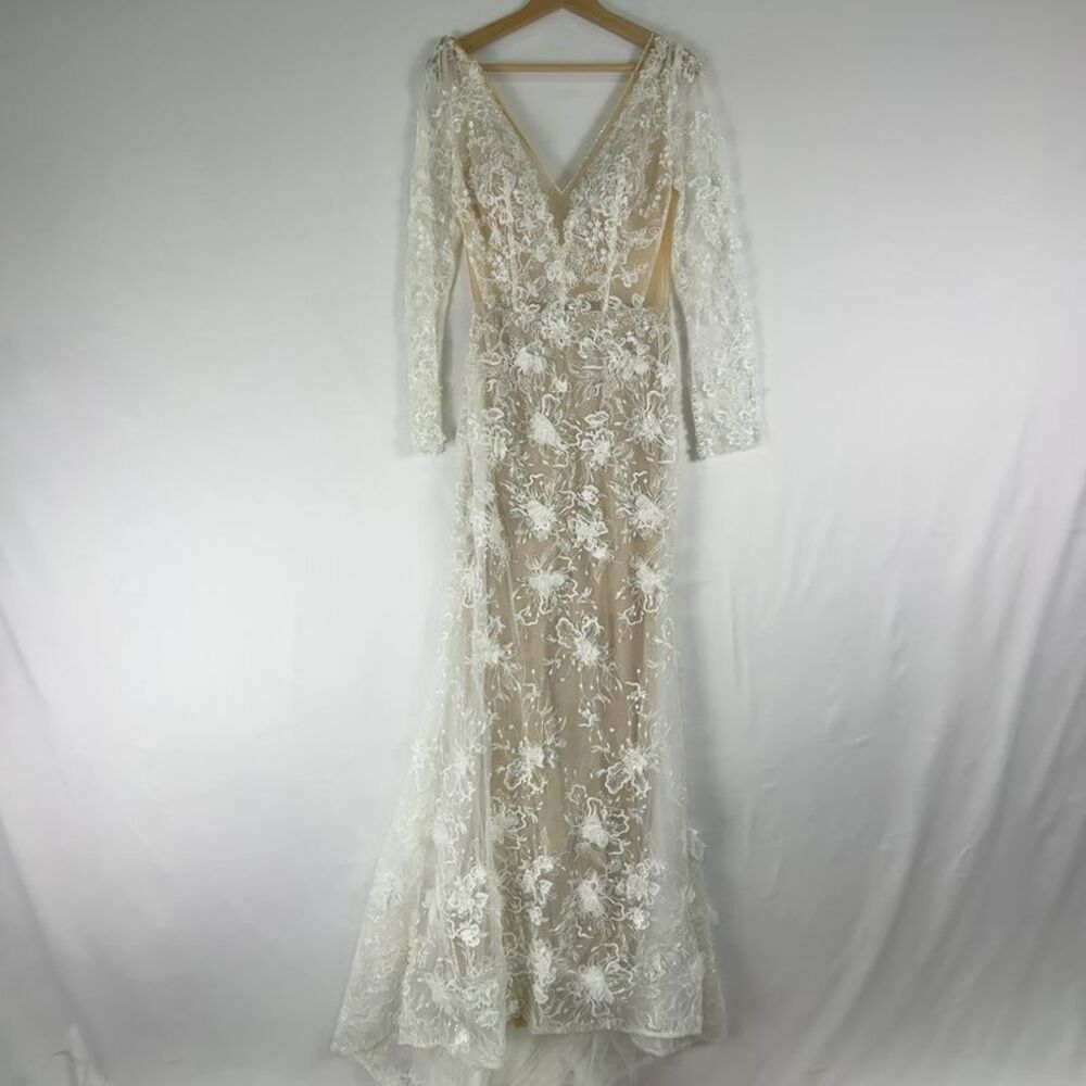 Calla Blanche Long Sleeved Beaded Lace Wedding Dress
